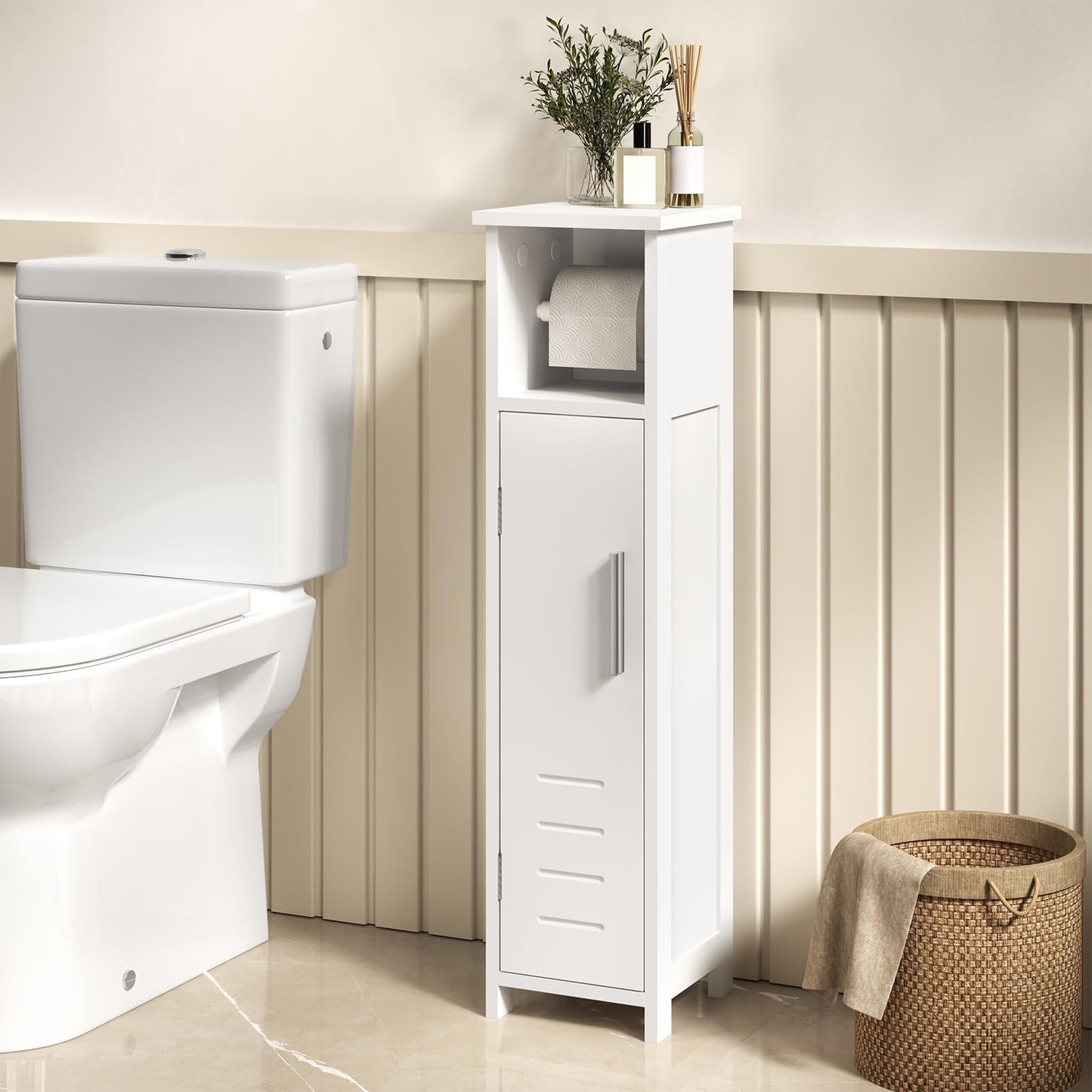 EUGAD 0229WY meuble de salle de bains pour WC - étroit, blanc - étagère réglable et porte-papier toilette
