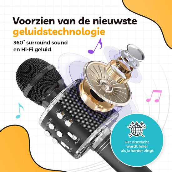 AyeKids 5-in-1 Karaoke Microphone - Sans fil & Bluetooth - Haut-parleur intégré & lumières Disco - Câble AUX inclus - Microphone Kids - Karaoke Set - Noir