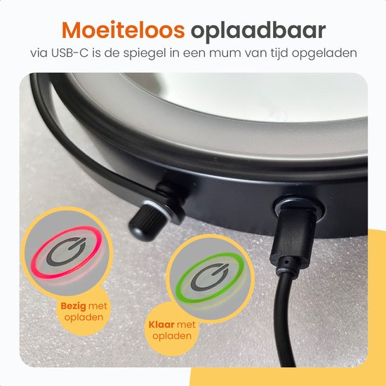 Goliving Miroir de maquillage avec éclairage - Ø25 cm - grossissement 10x - miroir de maquillage graduable - miroir de rasage - éclairage LED - rechargeable par USB-C - double face - 27 x 27 cm - noir