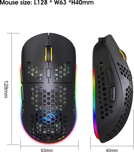 HXSJ T90 Souris de jeu sans fil 2.4G - Bluetooth - Souris d'ordinateur - Ultra légère - Eclairage RVB - Noir