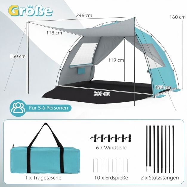 Coast Strandtent 260 × 150 × 160 cm – Abri de plage avec auvent, protection UV UPF 50+, fenêtres en filet et sac de transport – Bleu