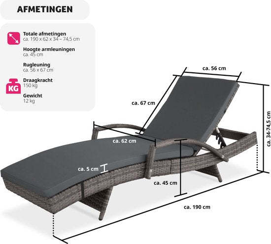 tectake® - Chaise longue en osier - Dossier réglable (5 positions) - Coussin de chaise longue inclus avec housse lavable - gris - poly-rattan