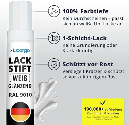 LICARGO Stylo de retouche blanc brillant 12 ml - Pinceau de précision pour les rayures et les impacts de gravillons