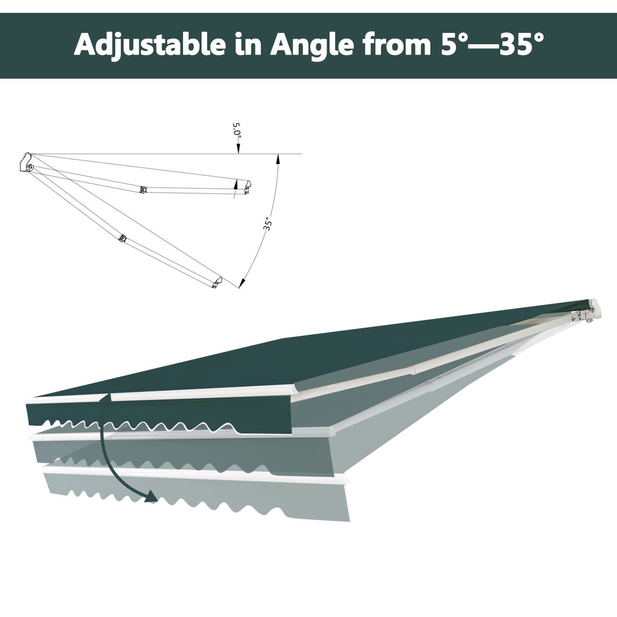 coast 4 x 2,5 m store de terrasse extensible - vert - armature en aluminium - manivelle manuelle
