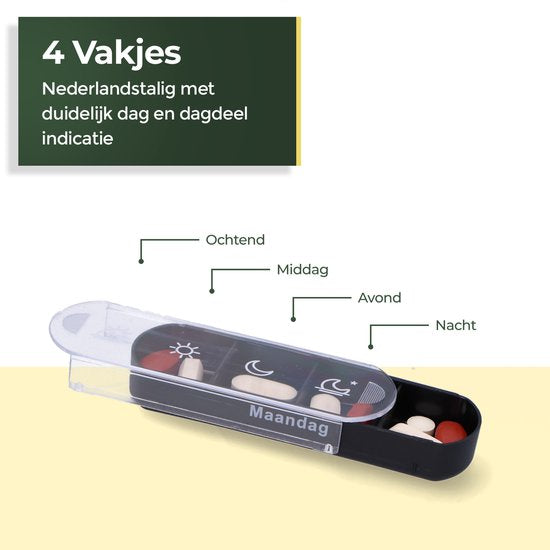 Boîte à pilules Gandria 7 jours - Boîte à pilules amovible - Boîte à médicaments empilable avec 28 compartiments - Boîte à médicaments avec fermeture solide - 4 compartiments par jour - Noir