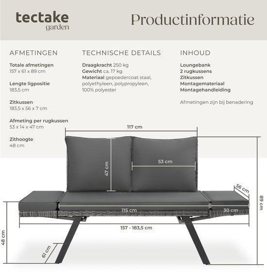 tectake® 2-in-1 Banc de jardin en osier Sintra - Mains courantes réglables - Salon de jardin - Chaise longue - Banc de salon de balcon - Coussins inclus - Canapé de salon d'extérieur - Lit de soleil résistant aux UV et aux intempéries - Gris