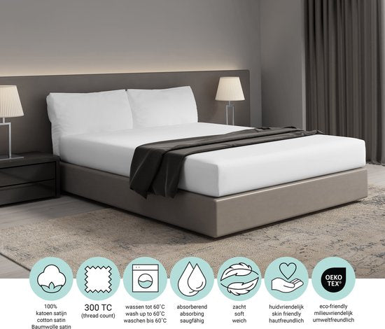 Drap-housse PHLOX - 100 % coton satiné (300 fils au pouce carré) - Double 160 x 200 cm - Doux et agréable au toucher - Élastique sur tout le pourtour - Blanc