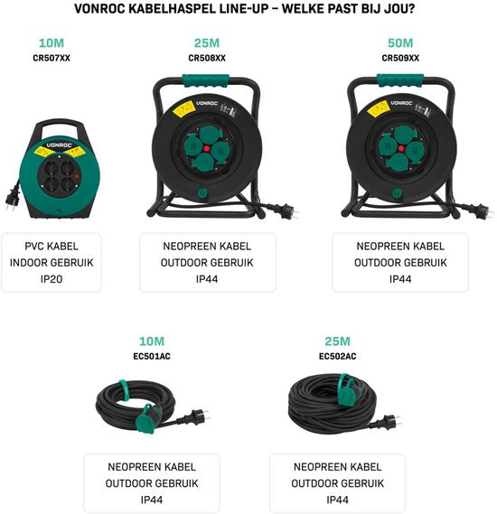 VONROC PRO Enrouleur de câble 50m - IP44 - Câble néoprène H07RN-F 3x1,5 mm² - 4 prises Schuko mises à la terre - 3000W (déroulé)/1100W (enroulé) - Âme solide - Protection thermique