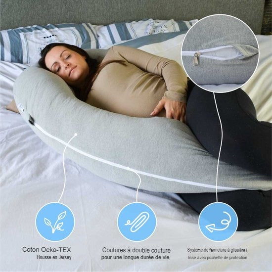 Oreiller de grossesse - Ella - forme de J - 3.1 kg- lavable à 30 degrés - Gris