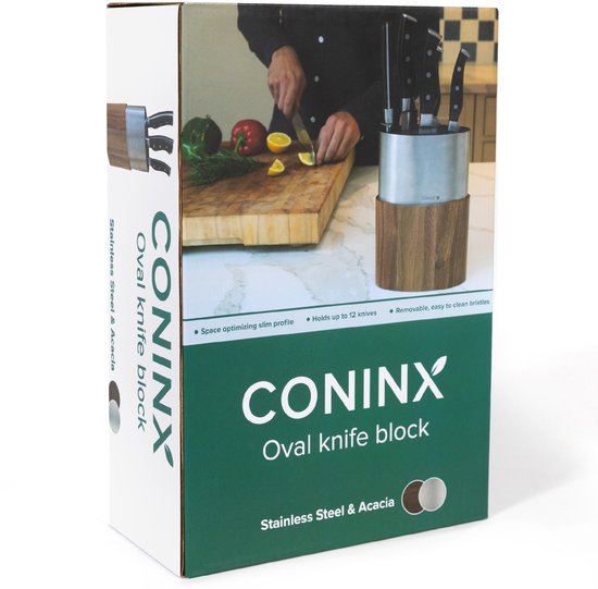 Bloc à couteaux Coninx Saporo - Porte-couteaux universel en bois et acier inoxydable - Support à couteaux sans couteaux - Porte-couteaux de cuisine en bois d'acacia