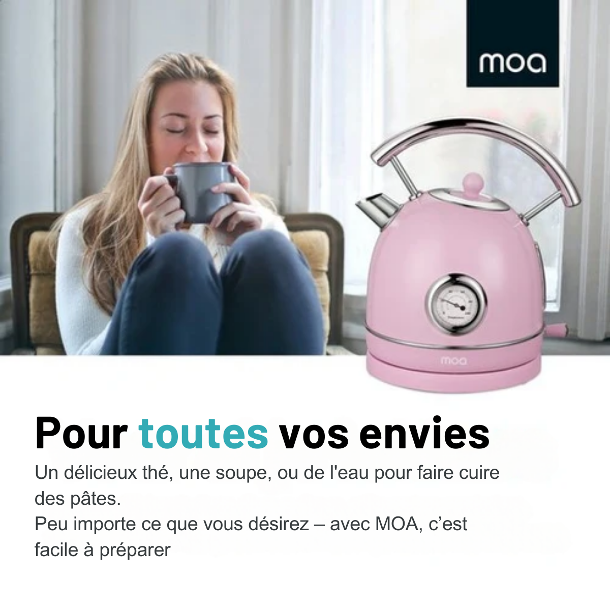 Bouilloire rétro - MOA - électrique - acier inoxydable - EK4TP - rose pastel