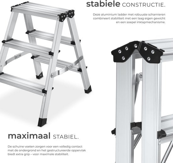 Échelle de cuisine double face en aluminium tectake® - 3 marches - 58 cm - Échelle robuste - Marchepied pliable - Échelle ménagère antidérapante