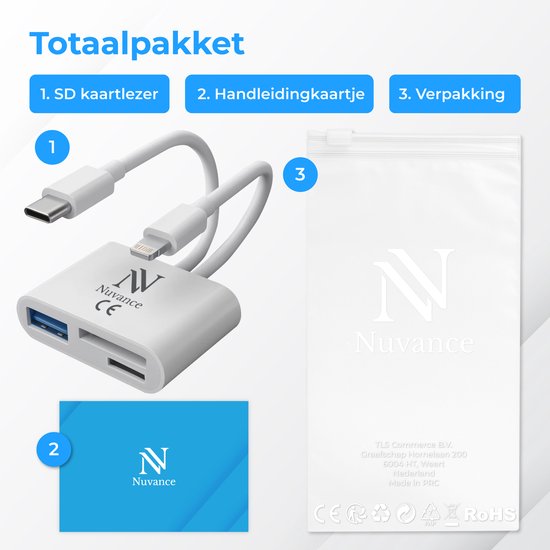 Nuvance SD Card Reader - 3 en 1 - Micro SD Card - USB to USB C - 8-Pin - Convient à tous les téléphones, tablettes et ordinateurs portables