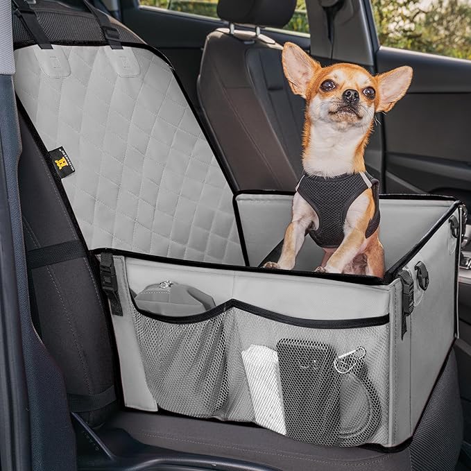 HELDENWERK Siège auto pour chien, très robuste, parois renforcées, 5 sangles, siège auto pour chien étanche pour siège arrière et avant, gris, taille standard