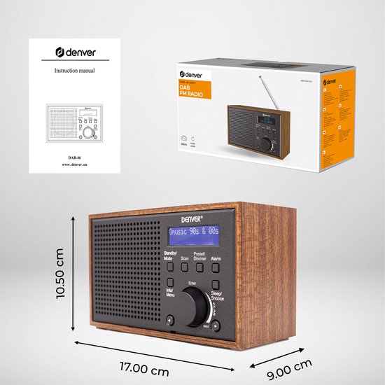 Denver DAB Radio - Radio rétro - Radio de cuisine - Radio portable - Batteries et secteur - DAB46 - Gris foncé
