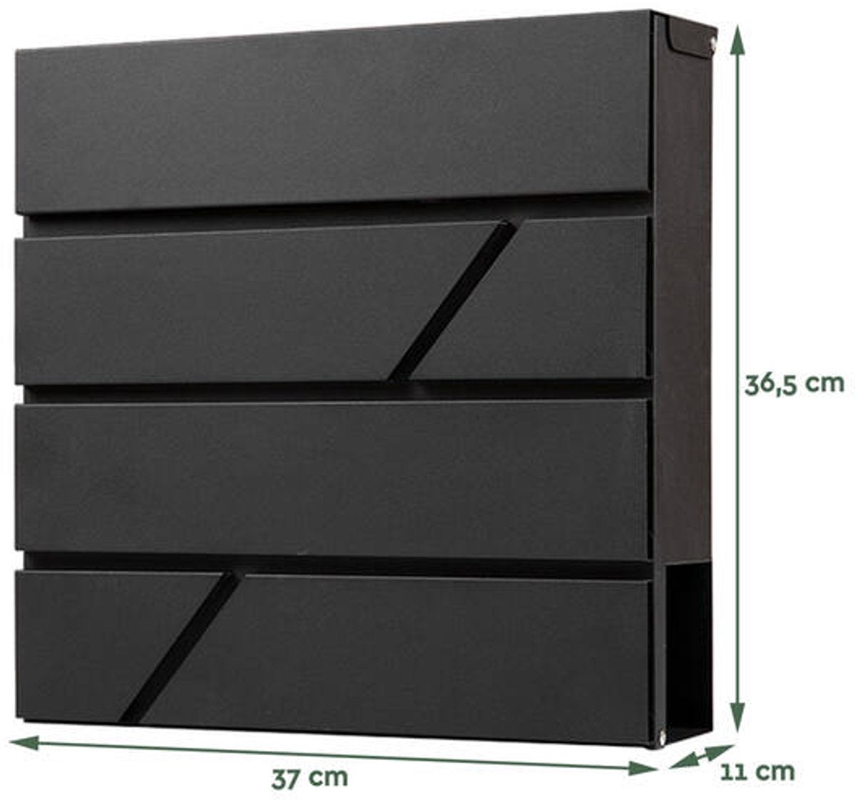 BRASQ Deluxe Letterbox Black 37.5 x 36.5 x 11 cm - Boîte aux lettres murale avec serrure et compartiment à journaux - Comprend le matériel de montage et 2 clés