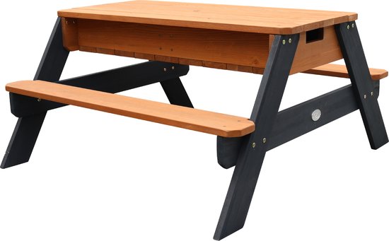 Table de pique-nique AXI Nick Zand & Water, couleur anthracite/marron - Avec parasol bleu/blanc - Table de pique-nique multifonctionnelle en bois certifié FSC - Table de pique-nique en bois pour enfants