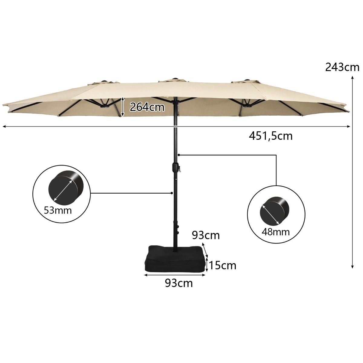 Parasol double de terrasse Coast avec pied - Ombre XXL - Mécanisme à manivelle - Beige 451,5 x 264 cm