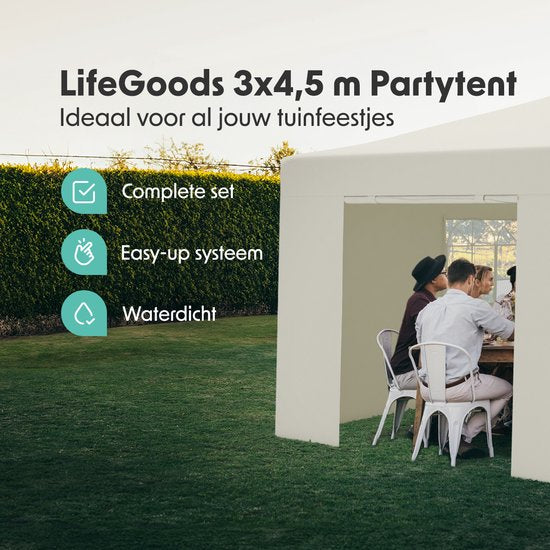 Tente de fête LifeGoods - Pavillon - 3 x 4,5 m - Parois latérales - Montage facile - Pliable - Imperméable - Sac de transport à roulettes - Beige