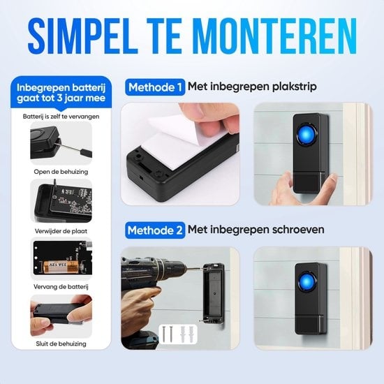 Sonnette de porte sans fil Strex avec 2 récepteurs à piles - Plug & Play - 300 mètres - 4 volumes / 58 mélodies - IP55 Waterproof