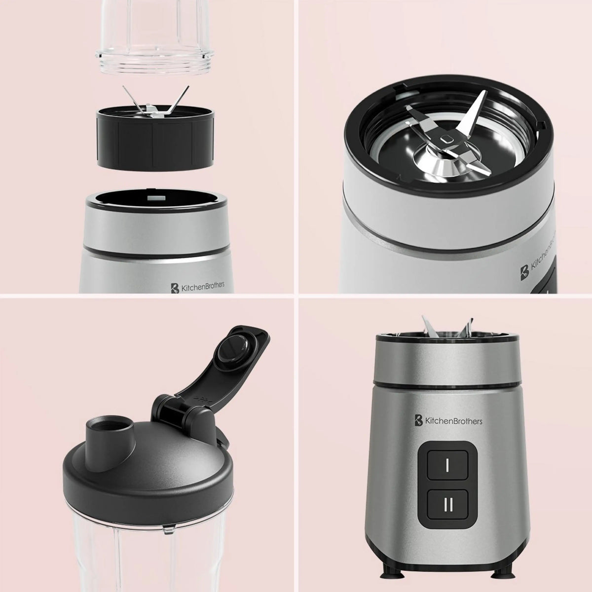 Mini-mixeur KitchenBrothers To-Go avec 2 bouteilles de 600 ml - 550 W - 4 lames en acier inoxydable - Noir