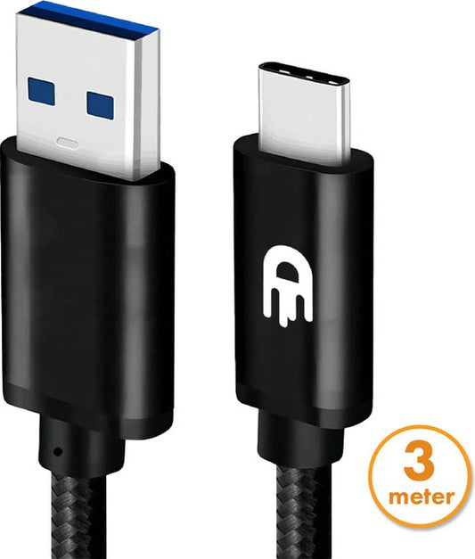 Drivv. Câble USB vers USB C - Chargeur rapide - Câble de données et de charge USB C - 3 mètres - Convient à Samsung, iPhone 15 et autres - Noir