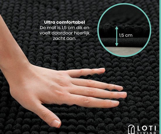 Loti Living Tapis de bain antidérapant - Tapis de douche - Tapis de salle de bain - Tapis de sol - Tapis de bain en chenille - Noir - 50x80 cm