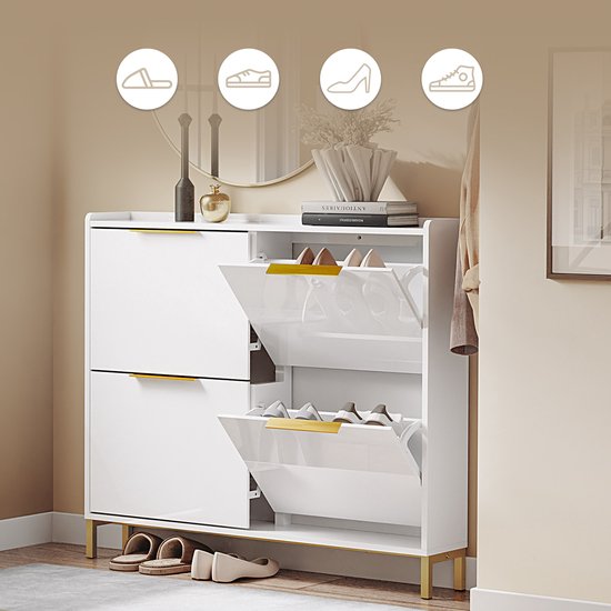 SoBuy FSR206-GW Shoe Cabinet Entrance - Ultrathin 19 cm - High Gloss White and Gold - Pour hall d'entrée, couloir, petit espace, avec protection contre l'inclinaison et protection du sol - 100x19x88.5 cm