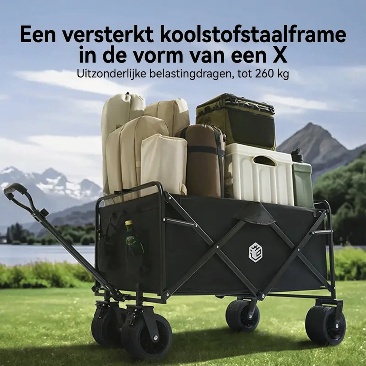 ochama Campingwagen 150L - Chariot pliable équipé de roulements à billes - Capacité de charge de 260 kg - Capacité de chargement de 300 L - Noir
