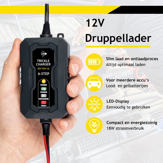 Chargeur à goutte-à-goutte Dunlop 6/12 V 1 A – Chargeur de voiture avec cycle de charge en 6 étapes – pour scooters et motos – Protection contre les courts-circuits – Chargeur d'entretien pour batteries au plomb et au gel – Noir