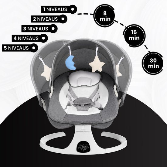 Oemmie Berceuse électrique - Balançoire pour bébé - Berceuse pour bébé - Fonction bluetooth et télécommande incluses - 5 positions de balancement - Gris