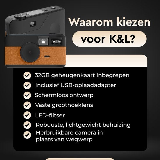 Appareil photo numérique K&L - Sans écran - Rechargeable - 16 000 photos - Appareil photo - Vintage - Comprend 32 Go - Durable - Marron