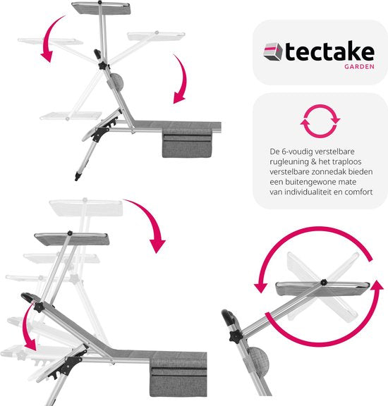 tectake® - Chaise longue Lorella rembourrée, pliable - gris chiné - 220 x 60,5 x 34 cm, avec poche latérale