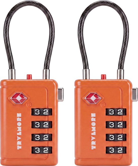 TRVLMORE Cadenas de valise avec câble - Certifié TSA - Fonction alarme - À 4 chiffres - Lot de 2 - Orange
