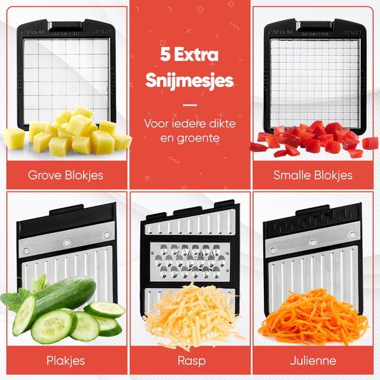 Mandoline Stosh - Coupe-légumes - Coupe-oignons - Coupe-légumes en spirale - Coupe-frites - Râpe - 6 pièces - Noir - Acier inoxydable - Sans BPA
