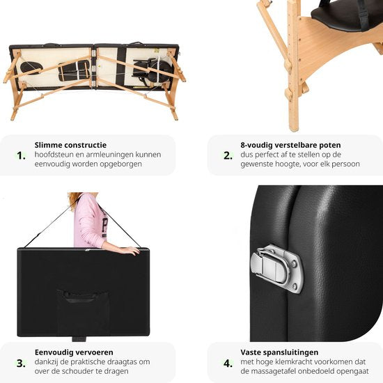 Table de massage mobile - revêtement 5cm - 2 Zones + sac de transport noir