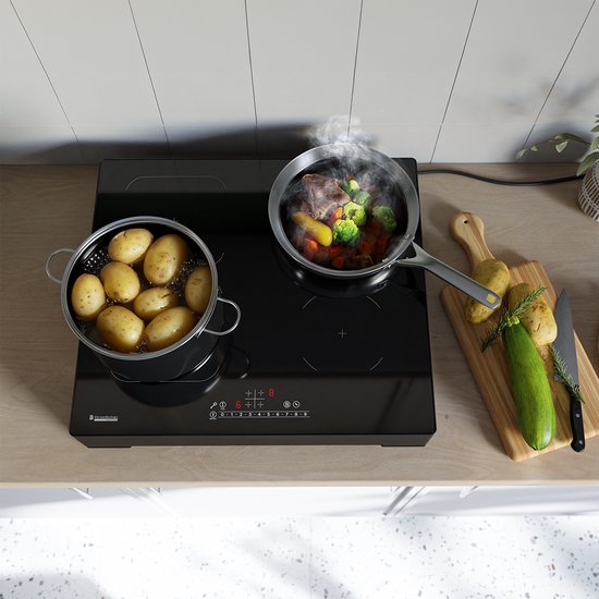 KitchenBrothers Plaque de cuisson à induction - Plaque de cuisson à induction autoportante - 60 cm - 4 zones - 1x Flexzone - 1 phase - Jusqu'à 3500W - Noir