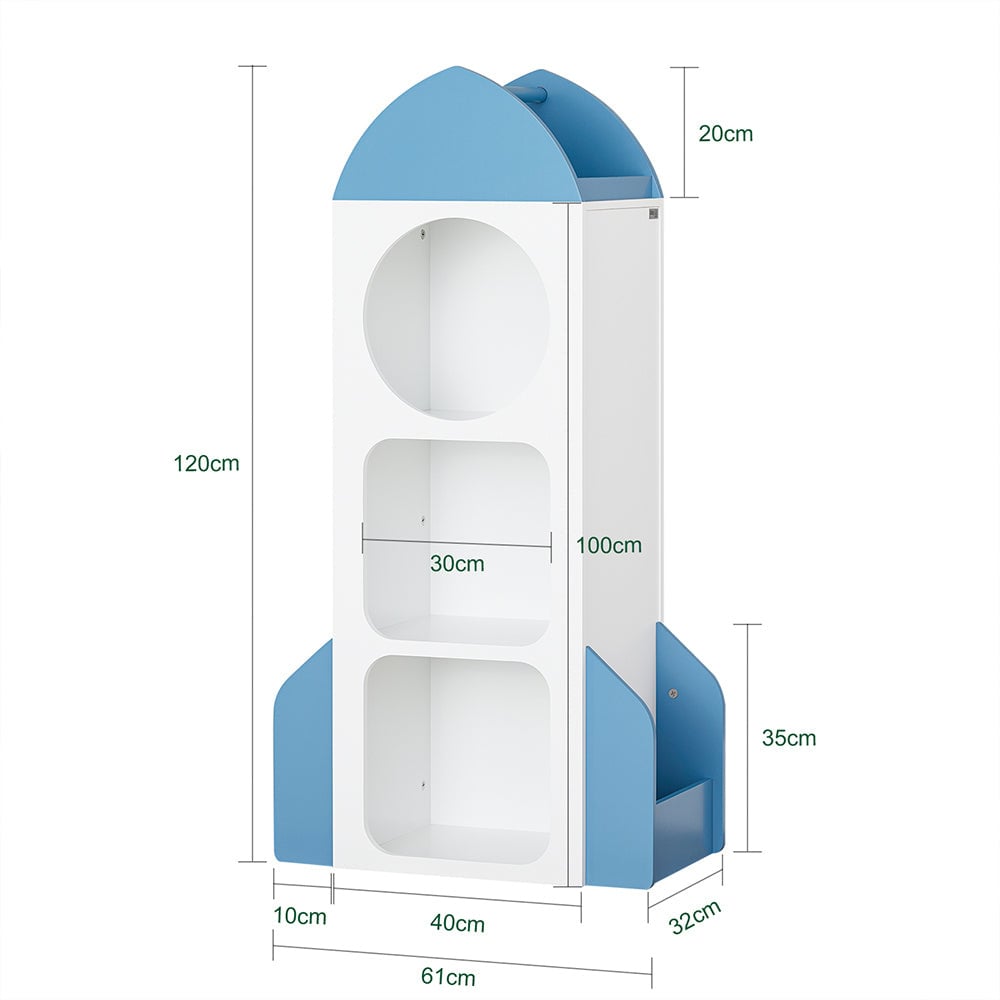 SoBuy KMB87-W Bibliothèque pour enfants en forme de fusée - 4 compartiments 2 étagères latérales - 61 x 32 x 120 cm - blanc