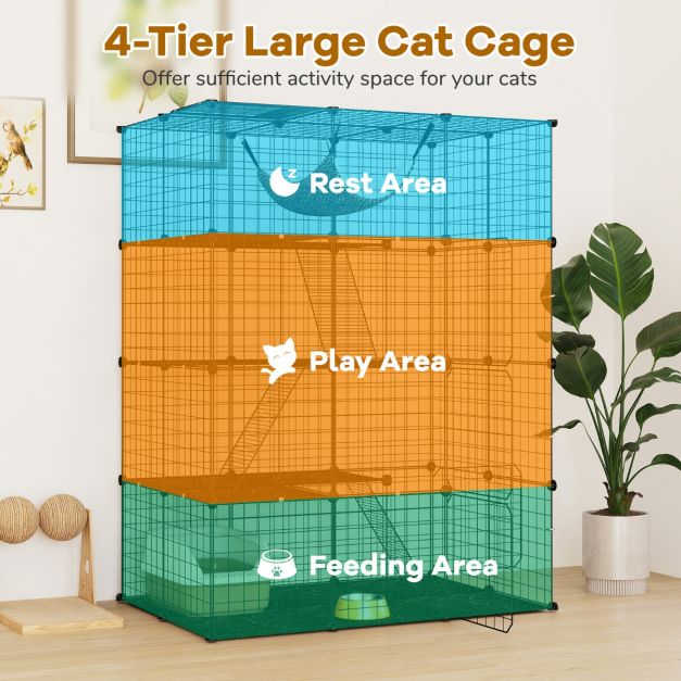 Cage à chat spacieuse à 4 étages de 143 cm de haut - Cage en métal noir avec hamac, étagères et échelles pour chats et petits animaux de compagnie