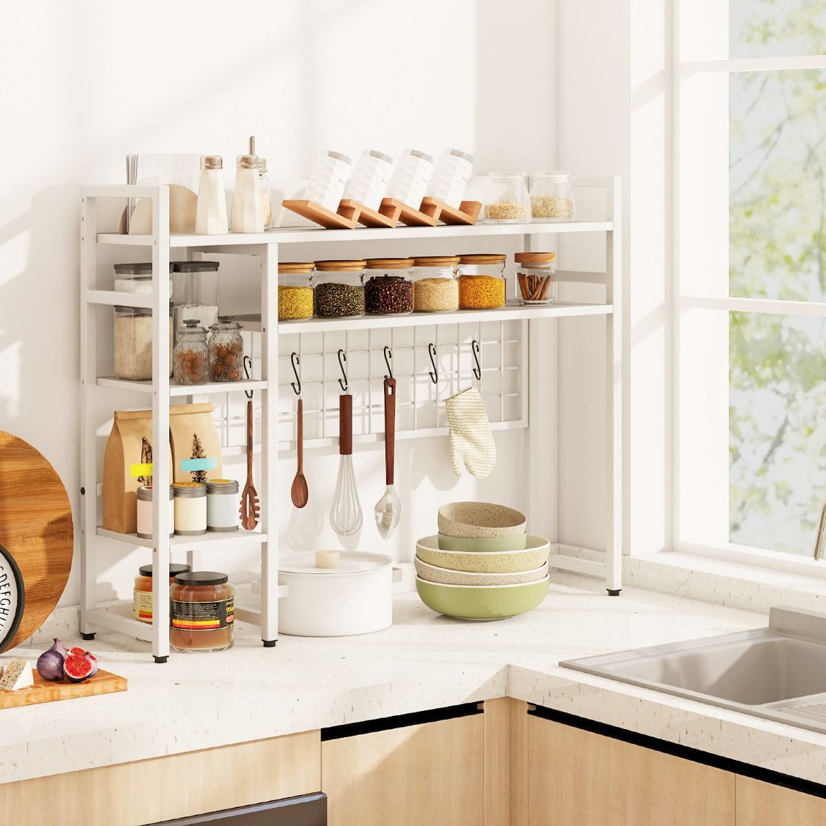 Coast Desk Rack - 94 × 25 × 74 cm - 4 niveaux - panneau grillagé en métal + 6 crochets - blanc