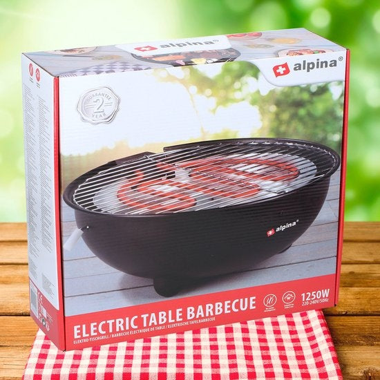 Barbecue Électrique - Alpina - Barbecue de Table - Sans Fumée - Barbecue Intérieur - 1250W - Ø 30 cm - Noir