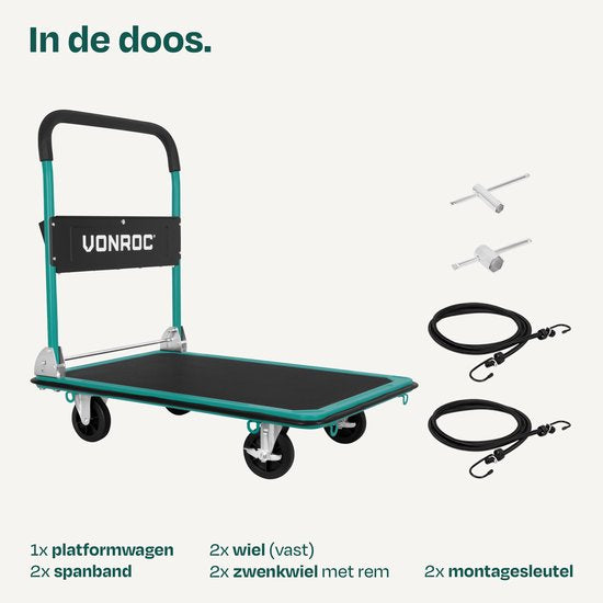 VONROC Chariot à plate-forme - pliable - capacité de charge max. 300 kg - grande plate-forme de chargement 90x60 cm - chariot de transport - avec sangles d'arrimage