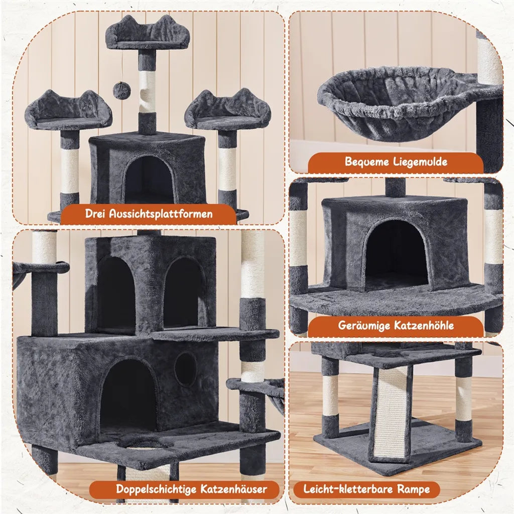 Arbre à chat Yaheetech XXL - 194 cm - Tiges en sisal - 2 maisonnettes/2 paniers - Gris foncé