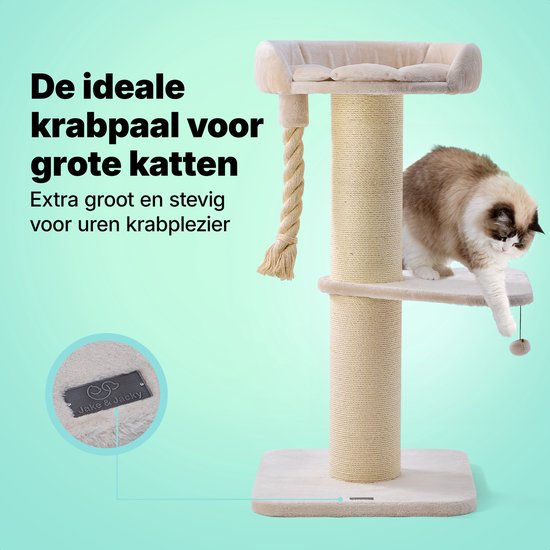 Jake et Jacky : Arbre à chat pour grands chats avec panier - Avec corde à jouer - Avec marchepied - Naturel/Crème - 57 x 57 x 121 cm - Ø de l'arbre à chat : 20 cm