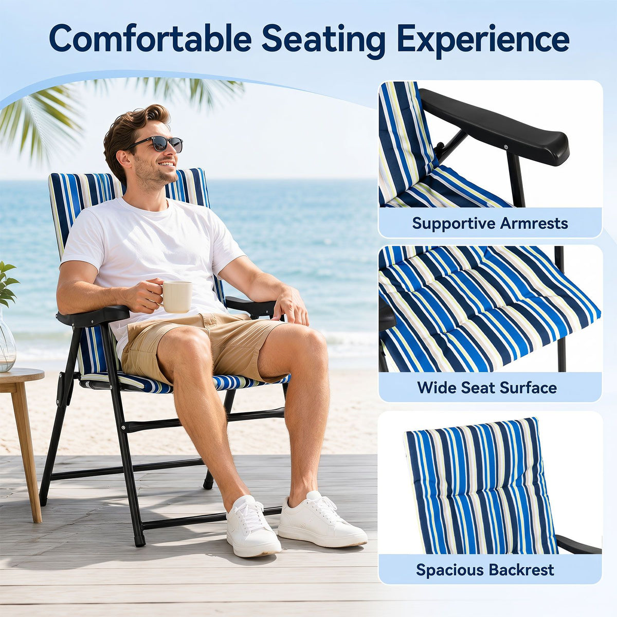 Lot de 2 chaises de plage pliantes - Bleu/Vert - 150 kg - Assise large - Avec accoudoirs