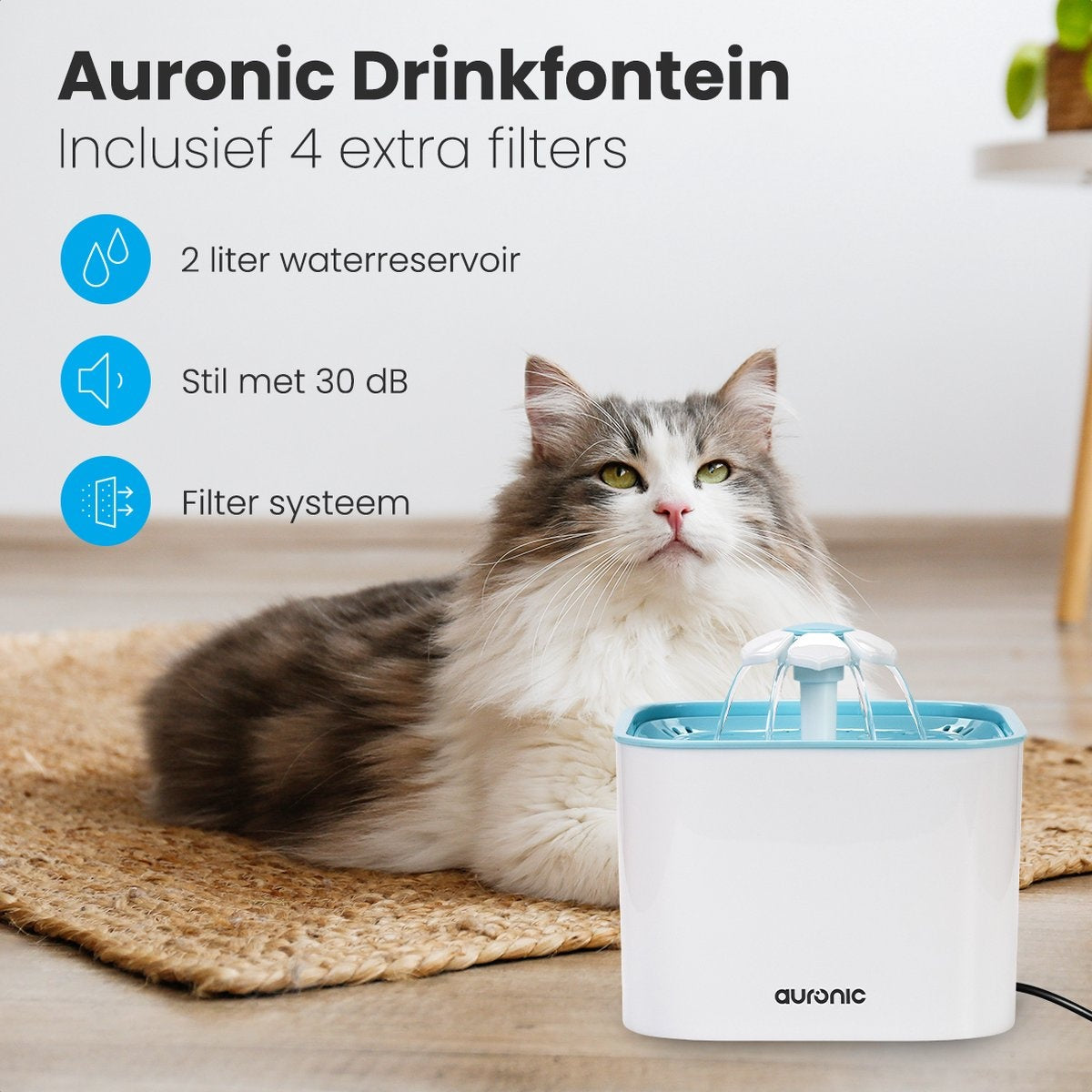 Auronic Drinking Fountain - Fontaine à eau pour chats et chiens - 2L - Abreuvoir pour animaux - 4 filtres inclus - Noir