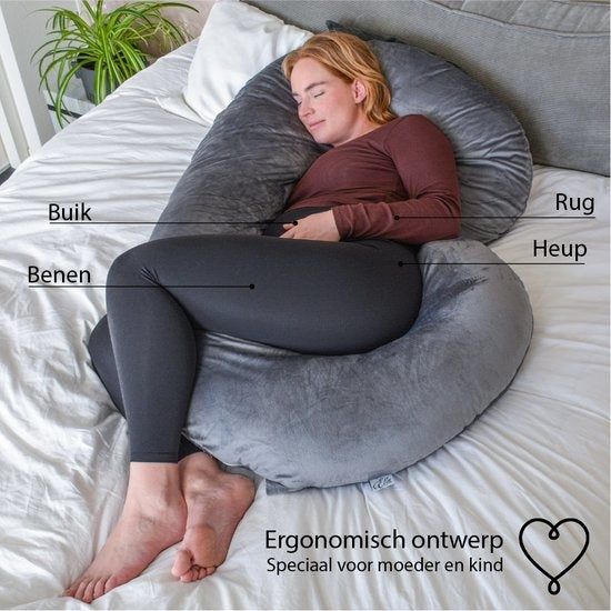 Coussin de grossesse Ella - Coussin de sommeil en soie - Coussin de corps - Housse amovible en polaire Minky - 150x70cm - Gris