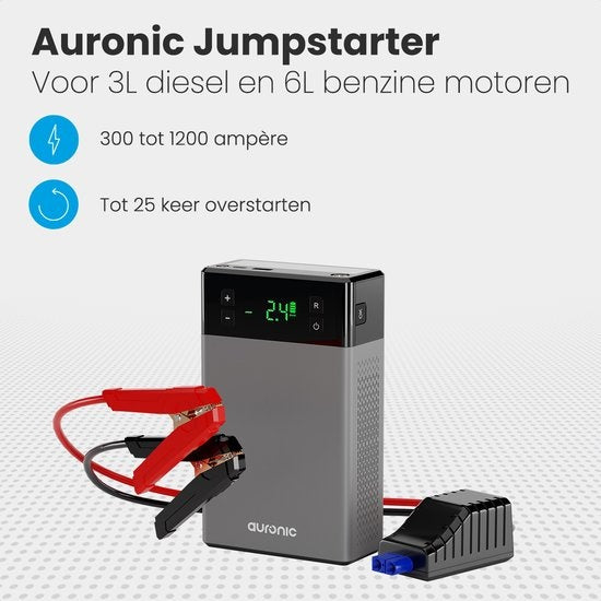Auronic Jumpstarter - avec compresseur - 12V - 1200A - 12,000 mAh - Aide au démarrage 6-en-1 - Sac de rangement et accessoires inclus - Noir/Gris