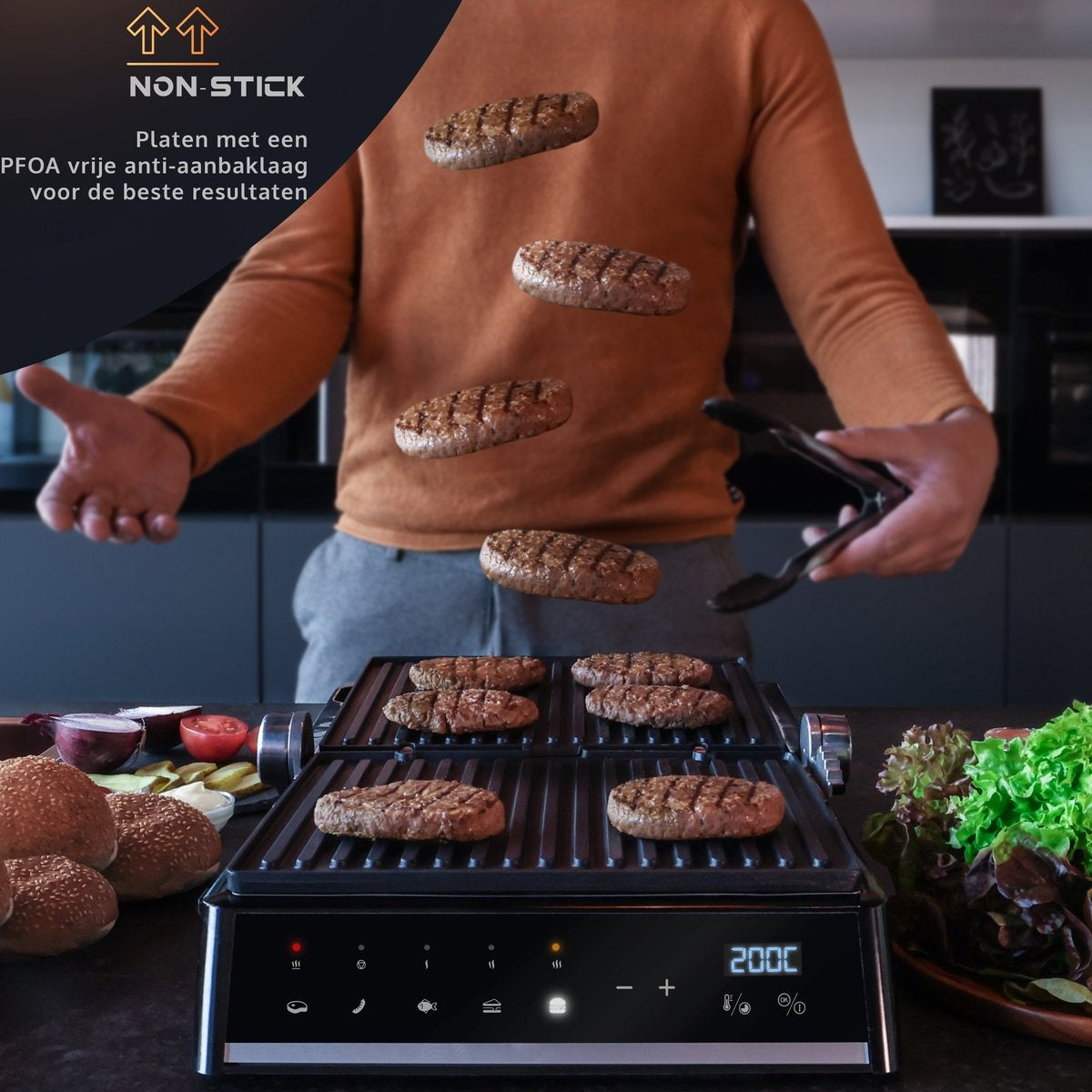 JAP Integrill - Gril de contact intelligent - Lavable au lave-vaisselle - Inclinable à 180º - Avec plaques amovibles - Dispositif de grillage