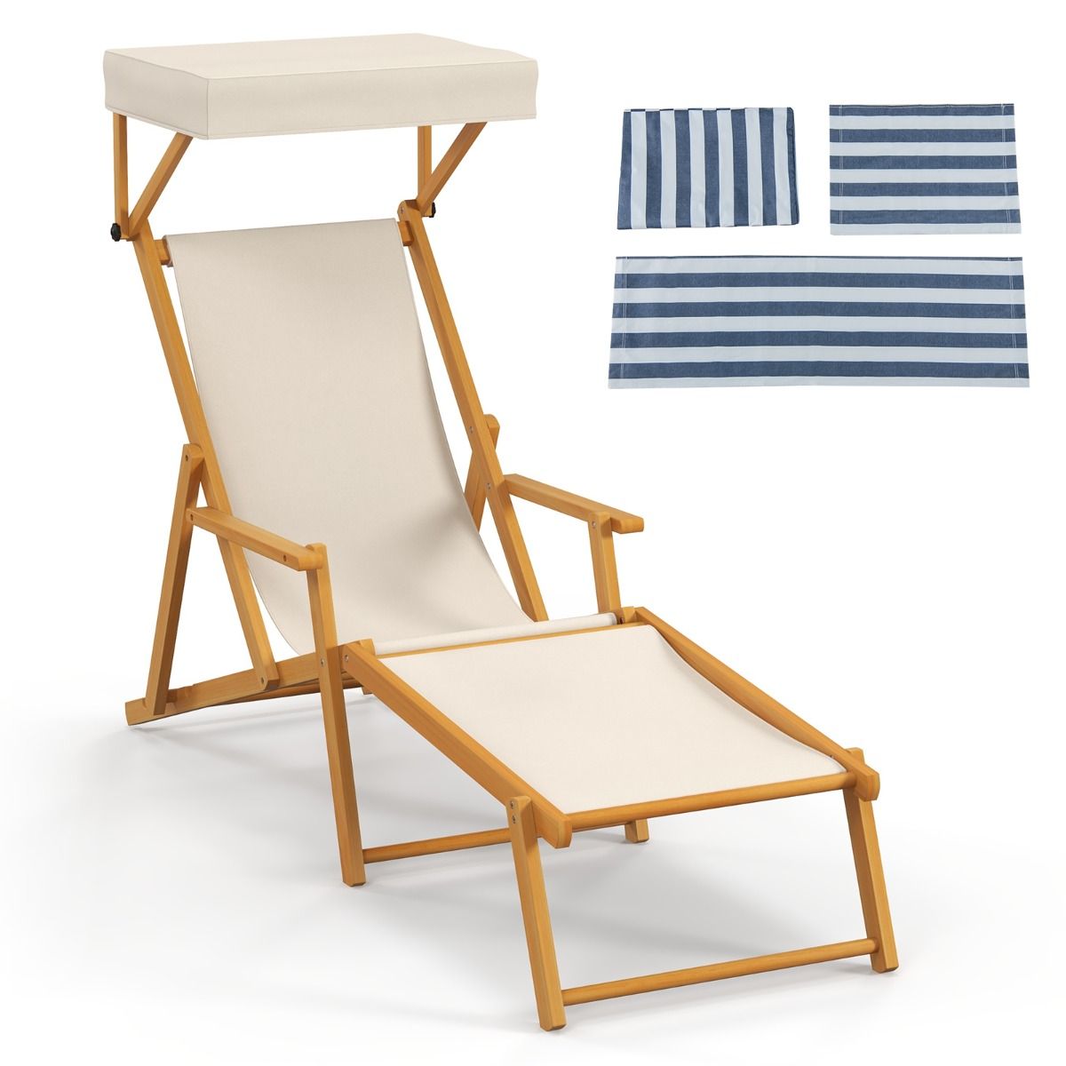 Chaise longue de plage pliable Coast Birchwood avec baldaquin, dossier et repose-pieds réglables - Beige/Naturel - 170x62x140 cm